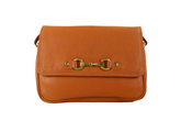 Tan leather handbag with gold snaffle buckle on a white background